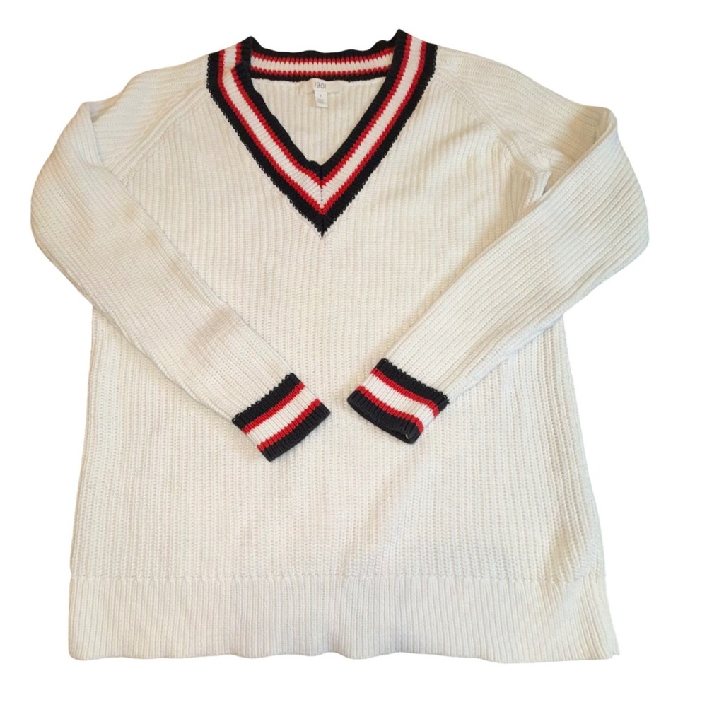 Mens preppy White Red Black Trim V Neck Long Sleeve Knit Casual Pullover M - Picture 2 of 4